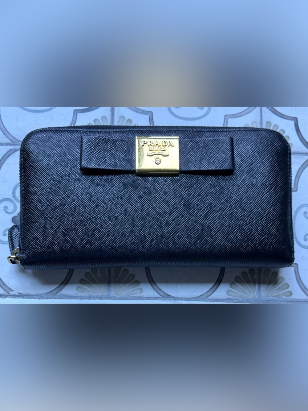 Rare!!! Prada Black Saffiano Leather Wallet with Gold-Bronze Tone Plaque w/Bow